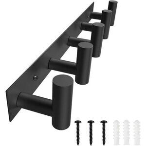 Black Hat and Coat Wall Mount Rack 5 Hooks for Robes, Bags, Keys